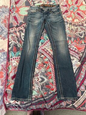 Rock Revival Dark Blue Flare Jeans with Contrast Stitching